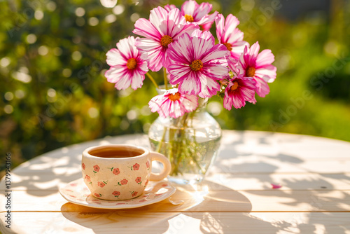 Summer still life. Beautiful cosmos flowers stand in a vase on a wooden table with a cup of tea.
Relaxation in the village on a sunny day. The joy of summer.