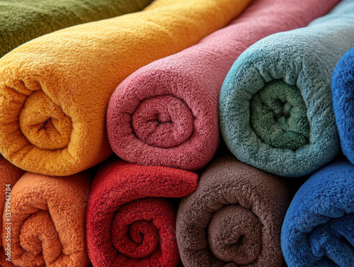 Cozy fleece blankets in warm colors, rolled neatly for vibrant display, perfect for adding comfort and style to any space. Their soft texture invites relaxation and warmth