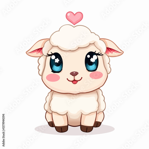Cute kawaii lamb with fluffy wool and heart above