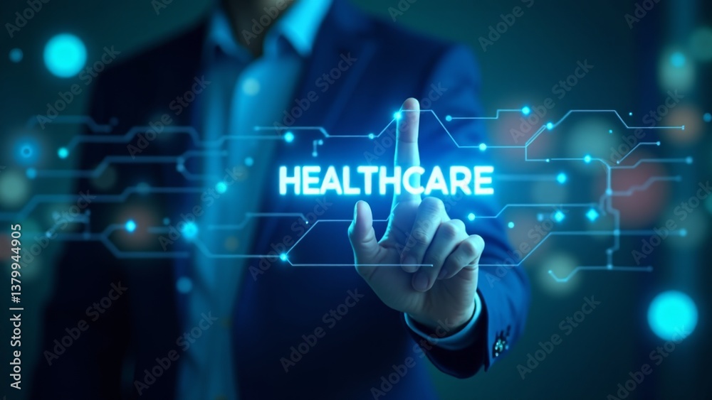 Healthcare Technology Man Pressing Virtual Button Healthcare Technology Man Pressing Virtual Button