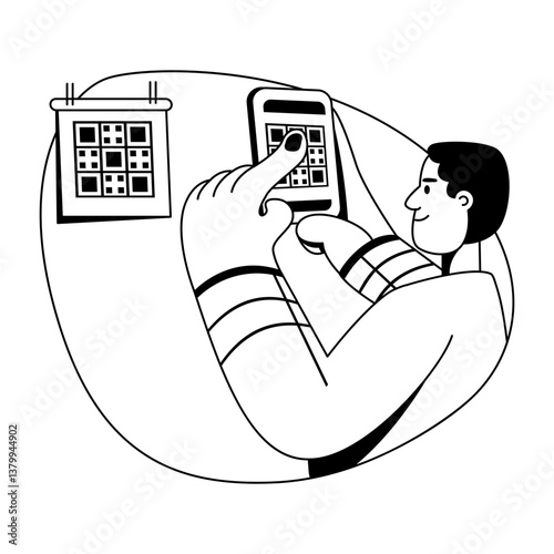 A glyph illustration of a character scanning barcode from mobile 