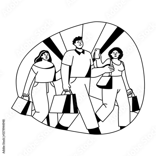 Friends shopping together, glyph style illustration 