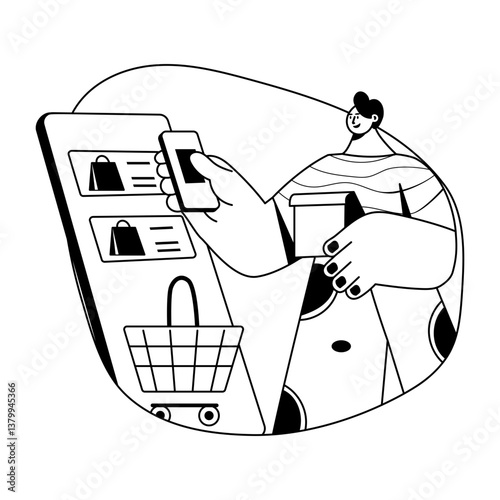 A glyph illustration of a character using shopping app 