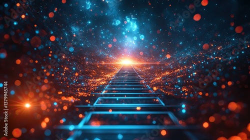 Abstract digital background with a sleek ladder reaching toward a glowing horizon, symbolizing progress and innovation.