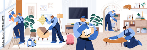 Cleaning service workers do housework in apartment, wash windows, wipe dust. Team of cleaners with equipments works, does cleanup in house. Housekeeping business, household. Flat vector illustration