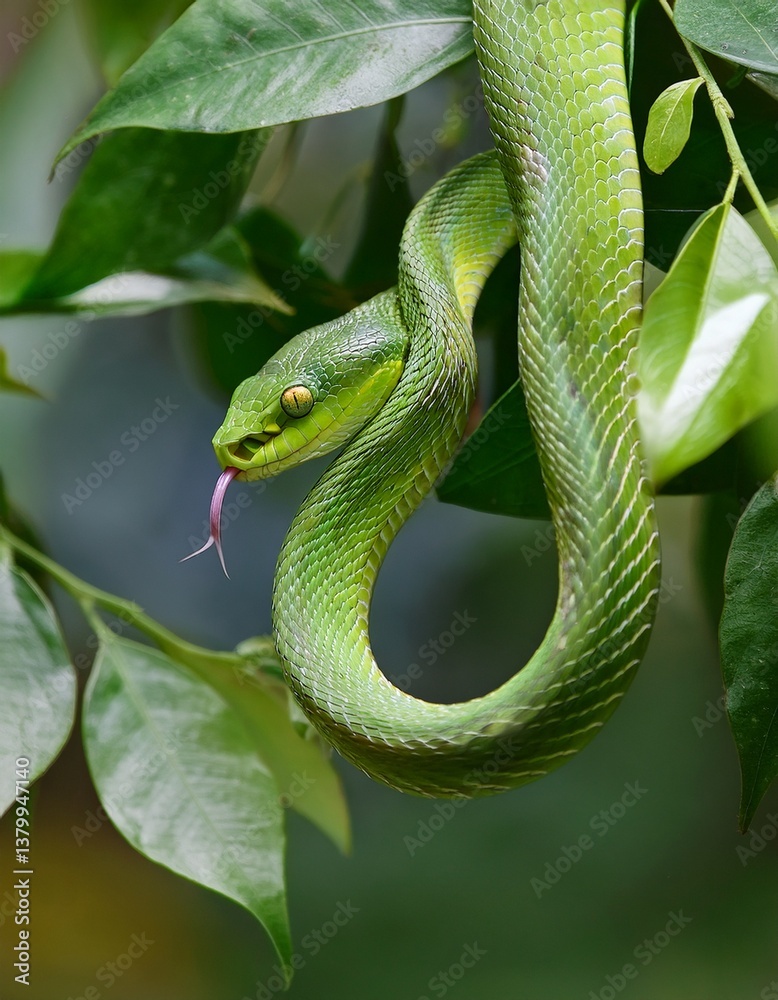 Obraz premium Green tree snake coiled among leaves, tongue flicking out, eyeing prey