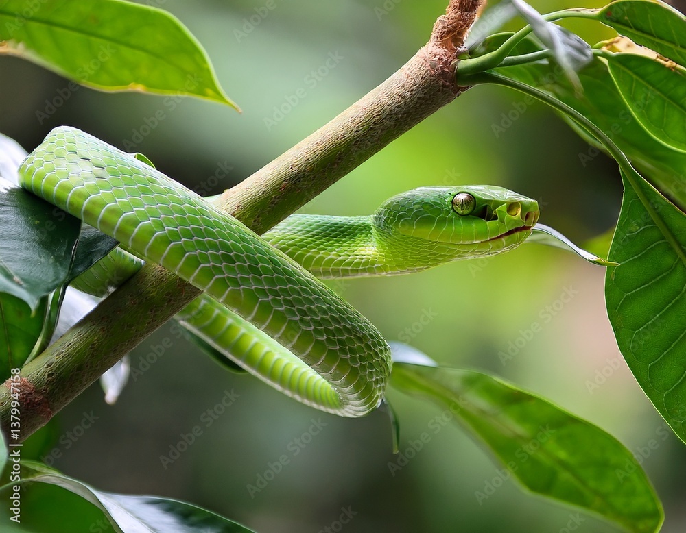 Green tree snake coiled among leaves, tongue flicking out, eyeing prey Green tree snake coiled among leaves, tongue flicking out, eyeing prey