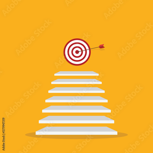 Goal, motivation to success. Climb up stairs to reach goal target on the top.	