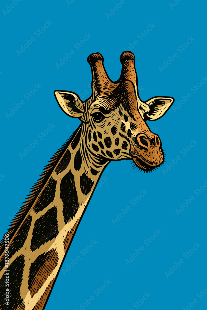 Naklejka premium Giraffe Portrait Illustration Against Vibrant Blue Background with Detailed Engraving