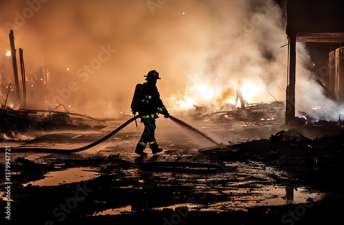 Brave firefighter battling a blaze at night, using a fire extinguisher to control the flames amidst heavy smoke and intense heat