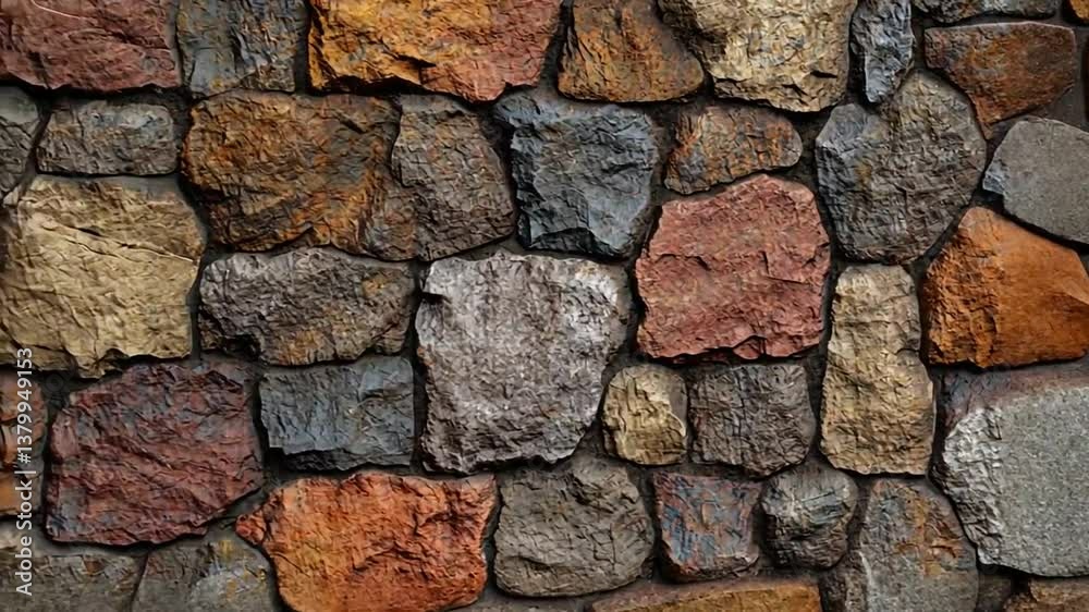 A close-up view of a stone wall constructed from various colored and textured rocks. A close-up view of a stone wall constructed from various colored and textured rocks.