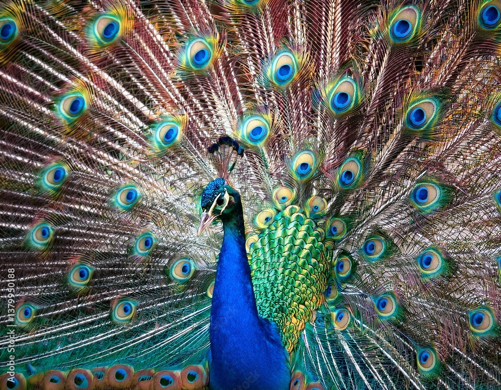 Naklejka premium Peacock with fully fanned tail displaying vibrant colorful feathers