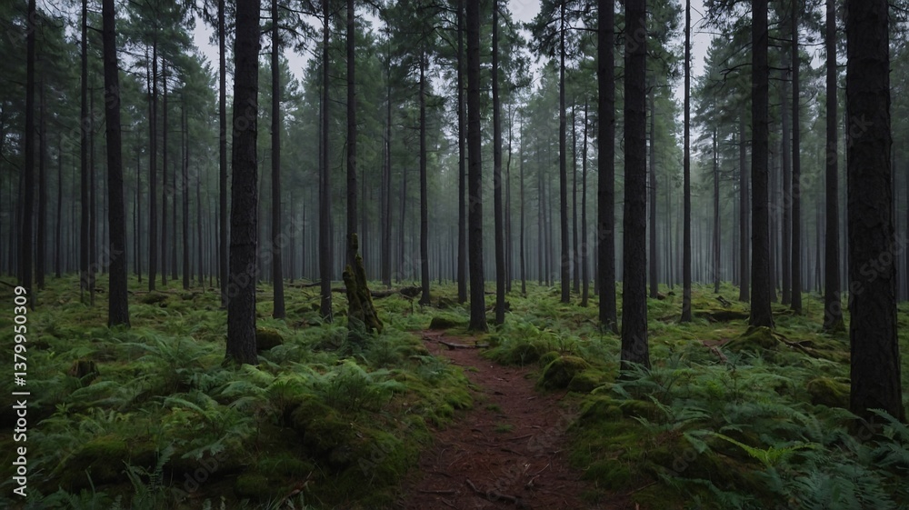 Fototapeta premium A serene forest landscape shrouded in mist, featuring tall pine trees and lush ferns along a winding path.