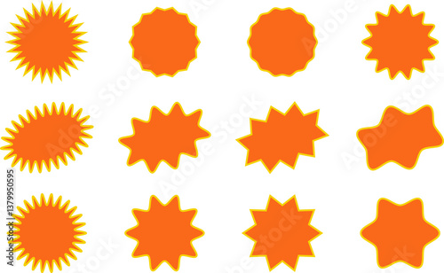 Orange round price stickers, sunburst promo tags, retro discount emblems. Collection of special offer sale oval and round shaped sunburst labels and badges