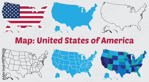 USA map. American map. United States of America map in flat and lines design, USA country map set. internal provinces borders marked, Simple map of USA vector drawing.