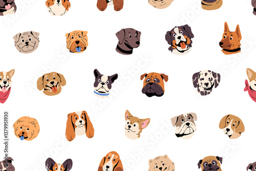 Endless background with happy faces of cute puppies. Repeatable pattern of avatars of different dog breeds. Funny muzzles of pups, portraits of various fluffy pets. Flat seamless vector illustration
