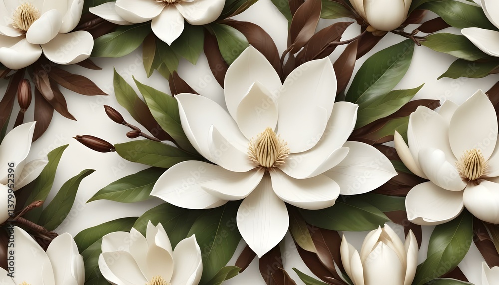 A digital rendering of a white magnolia flower with vanilla beans and leaves on a white background A digital rendering of a white magnolia flower with vanilla beans and leaves on a white background