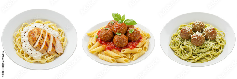 Three Pasta Dishes Chicken, Meatballs Pesto. Three Pasta Dishes Chicken, Meatballs Pesto.