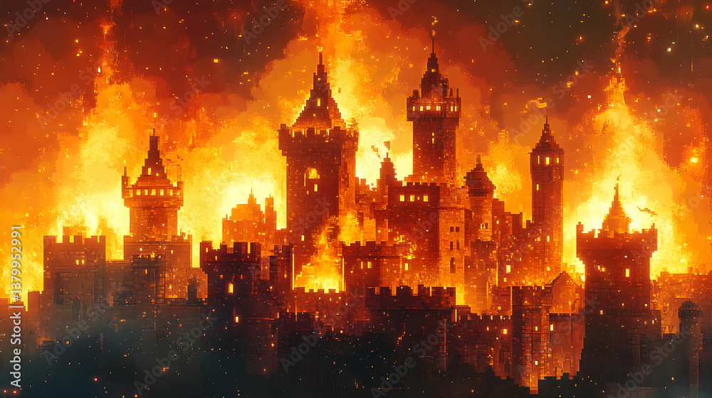 Fototapeta premium Burning Castle Cityscape Against Fiery Sky at Night Apocalyptic Inferno Flames and Smoke Disaster with Towering Structures