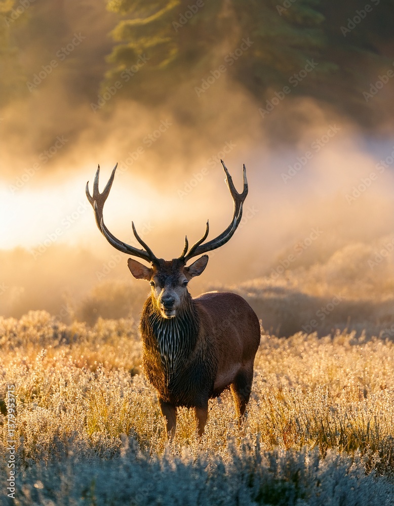 Fototapeta premium Majestic deer with large antlers in a clearing at early morning, mist rising