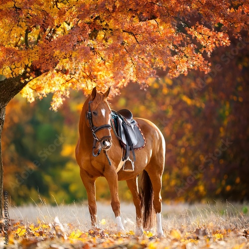A bay horse with a leather saddle waiting for its rider under an autumn tree
