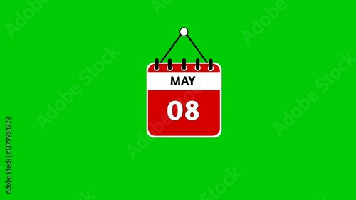 May 08 Calendar Sign on green screen background, chroma key. Calendar Pendulu Animation May 08 2k graphic motion.