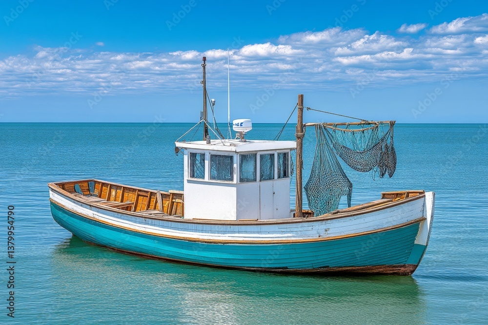 Fototapeta premium A classic shrimp boat floating near the docks in Georgetown, its nets hanging over the side