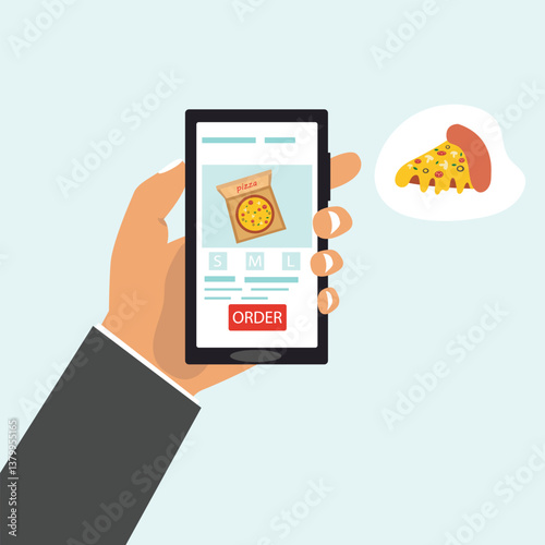 Customer's hand holding smartphone and ordering pizza online from restaurant. people buying pizza online. online pizza delivery. vector illustration.
