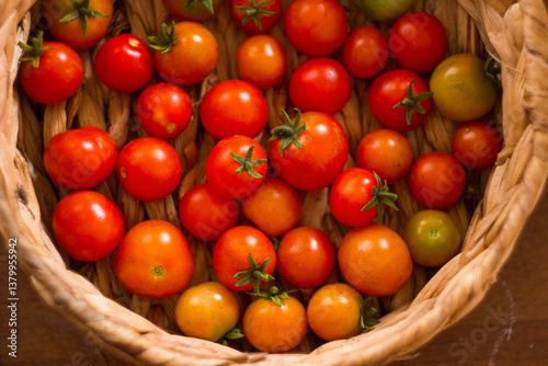Ripe, tasty, red cherry tomatoes in a wooden basket