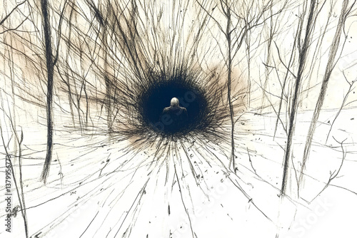 A mysterious and intriguing scene of a dark hole in the ground with a bird perched in the center. The contrast between the dark earth and the bird adds an element of surrealism and curiosity