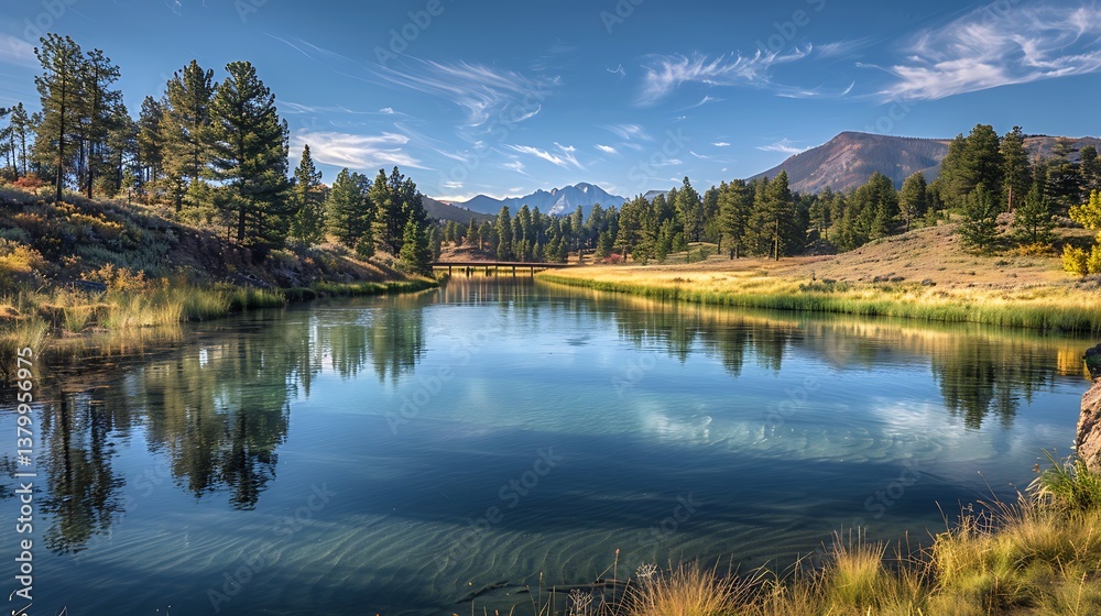 Fototapeta premium Serene mountain lake reflecting trees and sky a peaceful landscape with a wooden bridge