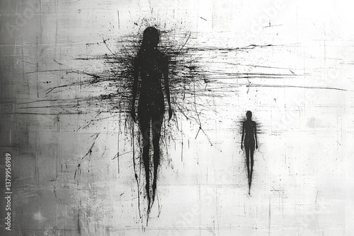 A striking silhouette of a man and a woman against a grunge-style background. The contrast between the dark figures and the textured backdrop creates an artistic, edgy atmosphere