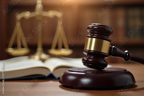 Wallpaper Mural A scene in a courtroom with a focused shot of a mallet, legal book, and justice scale on a table. Torontodigital.ca