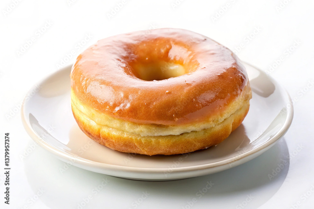 A donut with icing sugar on a plate on white background A donut with icing sugar on a plate on white background