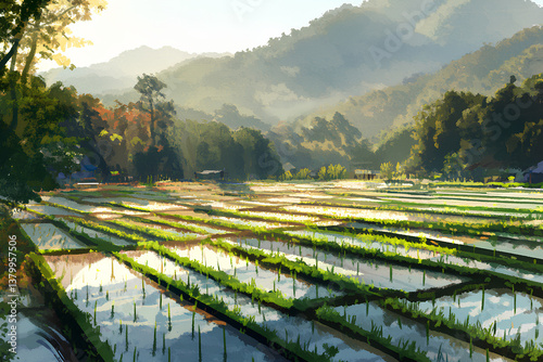 A stunning view of the rice terraces in Chiang Mai, Thailand, bathed in the soft light of the morning. The lush green fields and surrounding natural beauty create a peaceful and picturesque landscape