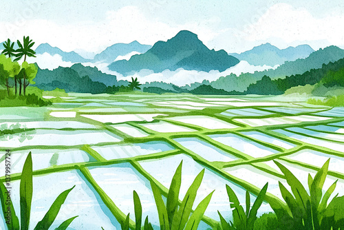 A beautiful watercolor painting showcasing the lush rice terraces with mountains in the background. The soft colors and flowing brushstrokes create a peaceful, serene scene of nature
