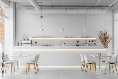 Interior of a modern all white cafe with tables chairs and a counter with coffee machines