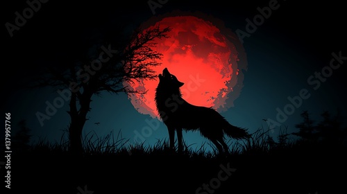 Blood Moon Howl – Lone Wolf Silhouette, Lone Wolf's Moonlit Howl: Night Forest Serenity 