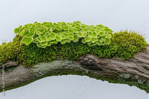 A close-up of lichen and moss growing symbiotically on the rough bark of an old oak tree photo