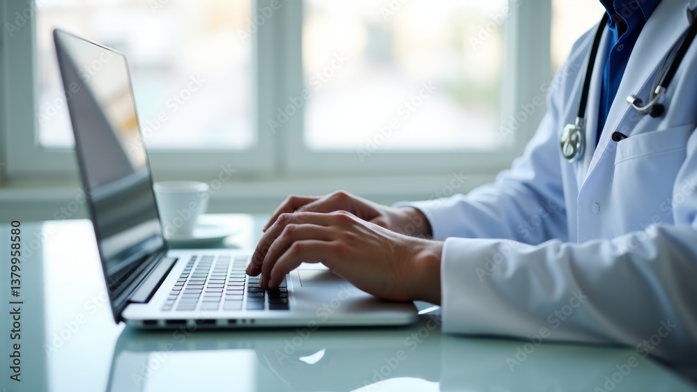 Doctor Typing On Laptop At Desk Doctor Typing On Laptop At Desk
