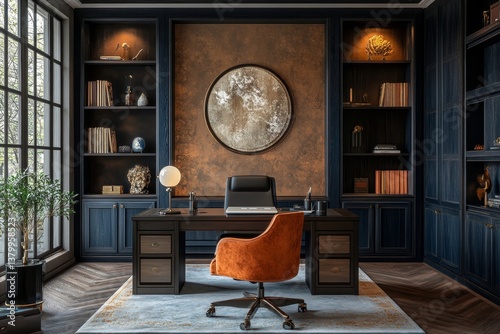 A luxurious home office with dark wood built ins and an orange chair in front of a large desk area