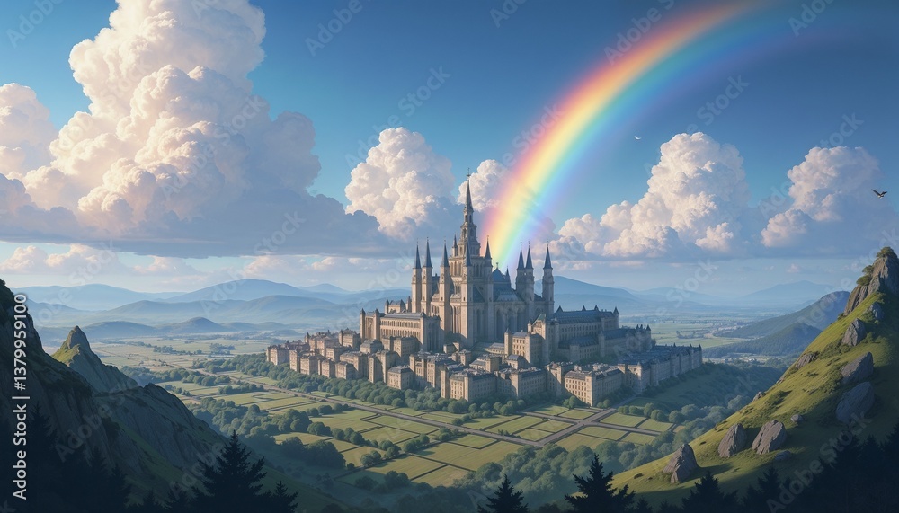 Fototapeta premium Magnificent castle beneath a vibrant rainbow with rolling hills and mountains in the background