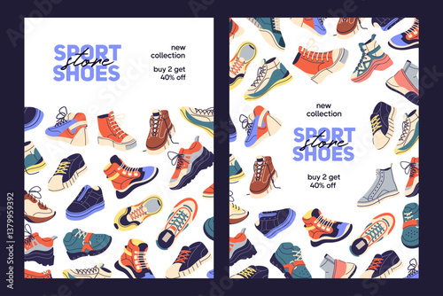 Designs of advertising poster with sales on sneakers set. Promotion templates with special offer on trainers. Ad of discounts, price off for sports boots, footwear in shop. Flat vector illustrations
