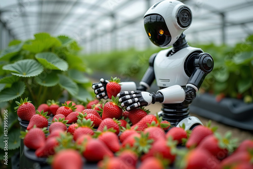 Smart robot aide harvesting ripe strawberries on a cutting-edge farm.