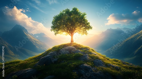 A solitary tree stands atop a grassy hill, illuminated by the golden light of a setting sun, with majestic mountains in the background, A solitary tree stands atop a green grassy hill at sunset 