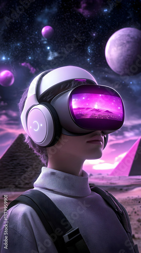 Person Wearing VR Headset Exploring a Futuristic Desert Landscape with Pink and Purple Planets photo