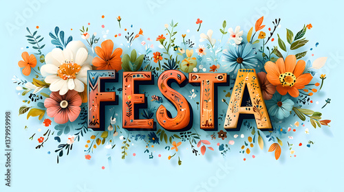 Colorful FESTA lettering surrounded by vibrant flowers for a festive celebration