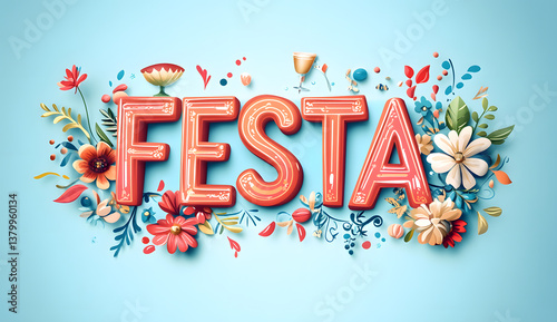 Bold and vibrant Festa lettering with colorful flowers and drinks creates a joyful celebration vibe.