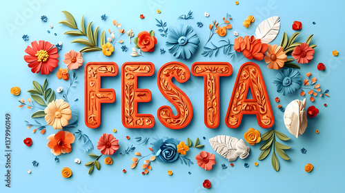 Colorful Festa lettering surrounded by floral designs for festive celebration atmosphere
