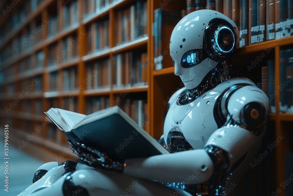 Fototapeta premium In a library filled with books, a robot AI sits peacefully on the floor, absorbed in reading a book, showcasing a blend of technology and knowledge
